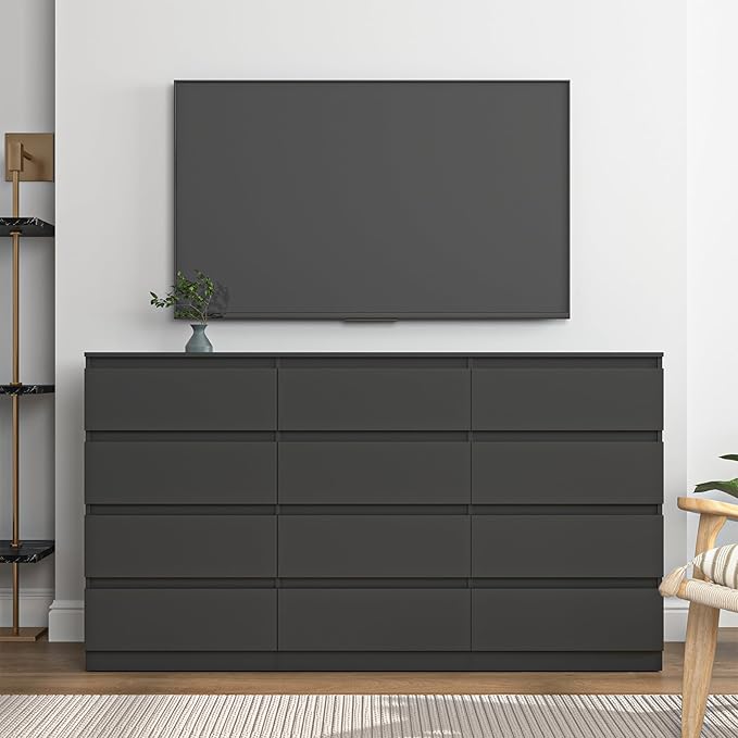 Black Dresser for Bedroom,Modern Long 12 Drawer Dresser with Deep Drawer,Wood Storage Chest of Drawer, Bedroom Storage Organizer,TV Stand for Living Room