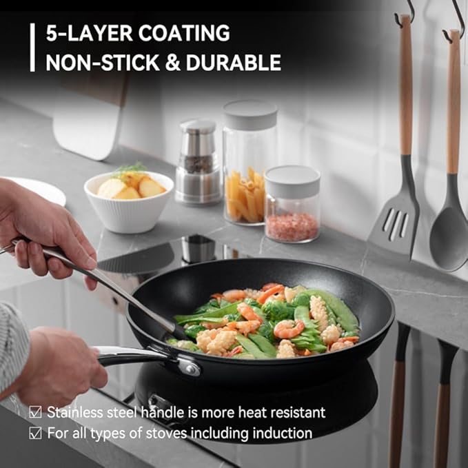Frying Pan 10 Inch, Nonstick Frying Pan for Induction, 5-Ply Non Toxic Skillet with Stainless Steel Handle, Hard Anodised Aluminum Cookware, Oven Proof, Suitable for All Hobs