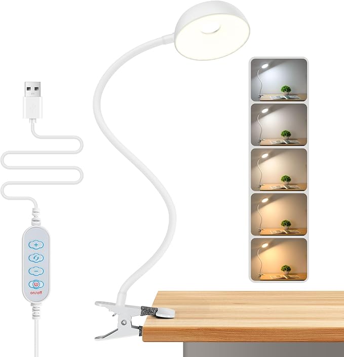【Clip on Lamp】 10-Level Dimming & 5 Color Modes LED Book Light, Flexible Gooseneck Reading Light for Beds, Desks, Headboards - Eye-Friendly Night Light for Kids/Adults (White)
