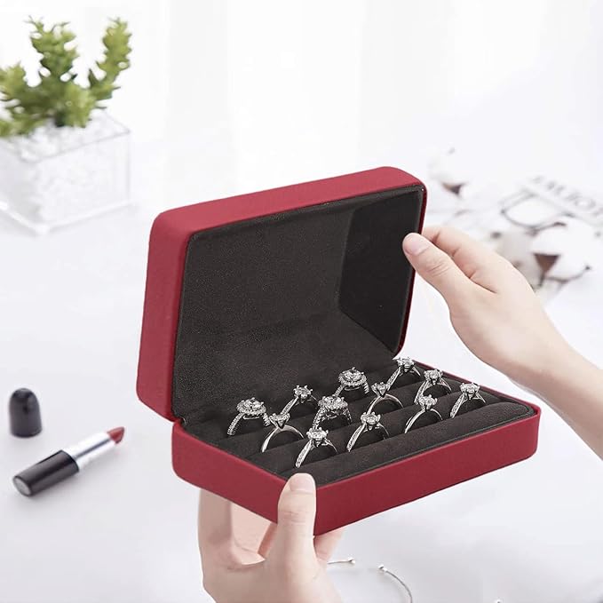 Ring Storage Boxes for Multiple Rings, Compact and Stylish Travel Jewelry case, Portable Small jewelry Organizer Box Tray Gift for Women, Girl(Red)
