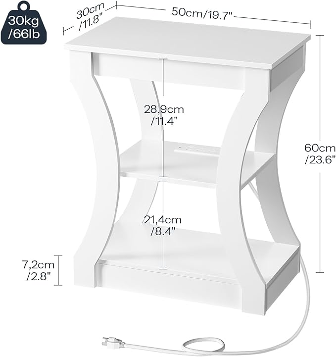 End Table with Charging Station, Side Table with USB Ports and Outlets, 3 Tier Nightstand with Storage Shelf for Small Spaces, Living Room, Bedroom, White ETWT53E01
