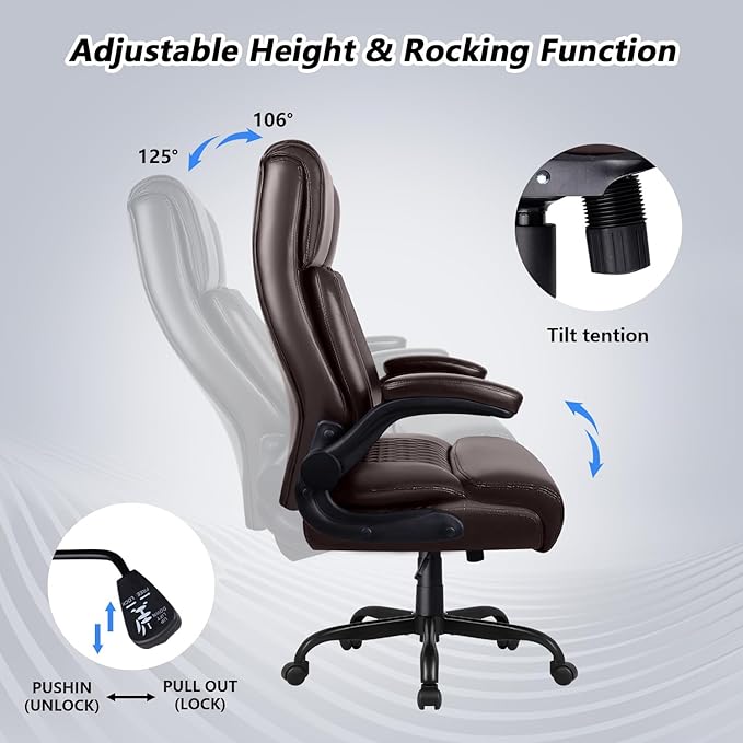 Ergonomic Leather Office Chair Desk Computer Chair, Comfortable High Back Office Chair with Adjustable Flip-up Armrest, Brown Executive Leather Office Desk Chair with Lumbar Support