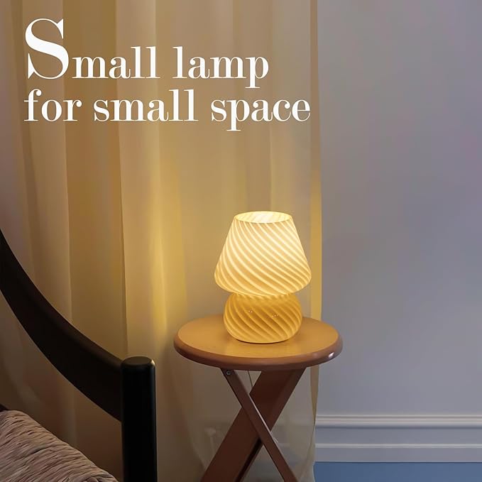 ONEWISH Mushroom Lamps Set of 2 - Small Bedside Table Lamp with Striped Glass, Nightstand Lamp for Bedroom, Bulb Included, for Christmas New Year, Creamy Yellow