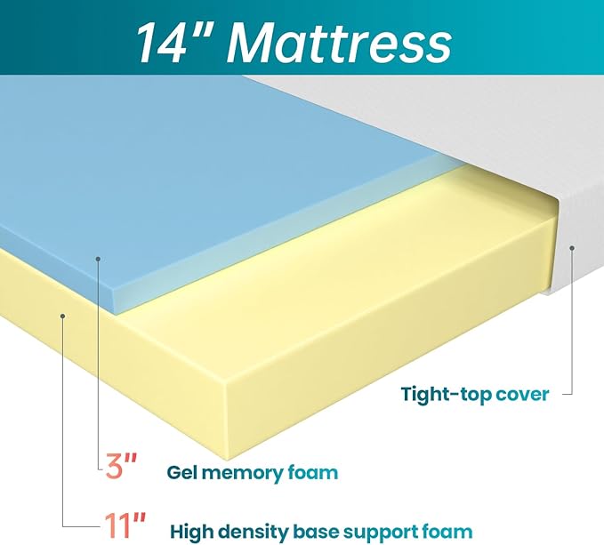 FDW 14 inch Gel Memory Foam Mattress Medium Firm Mattresses for Cool Sleep Relieving No Fiberglass CertiPUR-US Certified Mattress in a Box,Queen