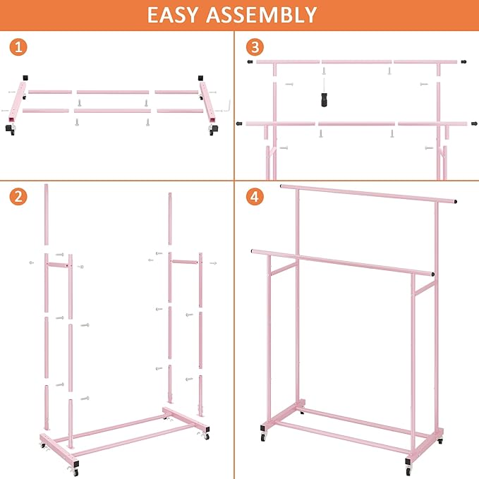 Calmootey Double Rod Clothing Garment Rack,Rolling Hanging Clothes Rack,Portable Clothes Organizer for Bedroom,Living Room,Clothing Store,Pink