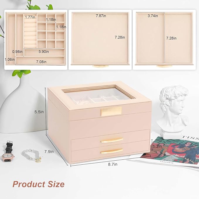 Jewelry Storage Box with Glasses Lid, 3-Tiers Jewelry Organizer Box for Women Girls, Jewelry Case for Rings, Bracelets Earrings, Necklaces (Apricot)