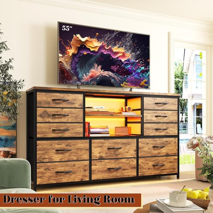 Dresser with LED Lights & Power Outlets, 12 Drawers Dresser TV Stand for 60''TV for Bedroom Fabric Dressers & Chest of Drawers, Sturdy Metal Frame for Closet, Living Room,Hallway, Rustic Brown