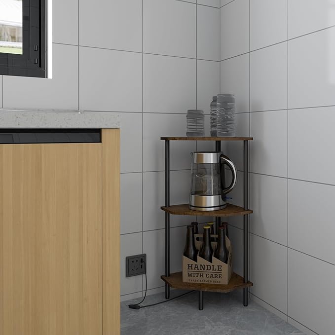 3 Tier Corner Shelf with LED Light,Bookcase for Small Spaces,Display Shelf,Narrow Bookshelf,Plant Stand,Rustic Brown and Black,Suitable for Bedroom,Living Room,Kitchen