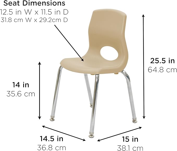 Children’s Factory MyPosture Plus 14" Chair, Tan with Chrome Legs, 2 Pack, Stackable Ergonomic Seating Solution for Classrooms and Homeschools