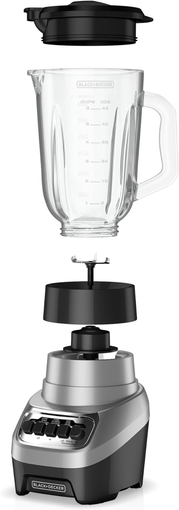 BLACK+DECKER PowerCrush Countertop Blender, 6-Cup Glass Jar, For Smoothies and More, Stainless Steel Blade, 4 Speed Settings to Puree, Crush Ice, Chop, Dice, and Pulse, Dishwasher Safe, 700W Motor