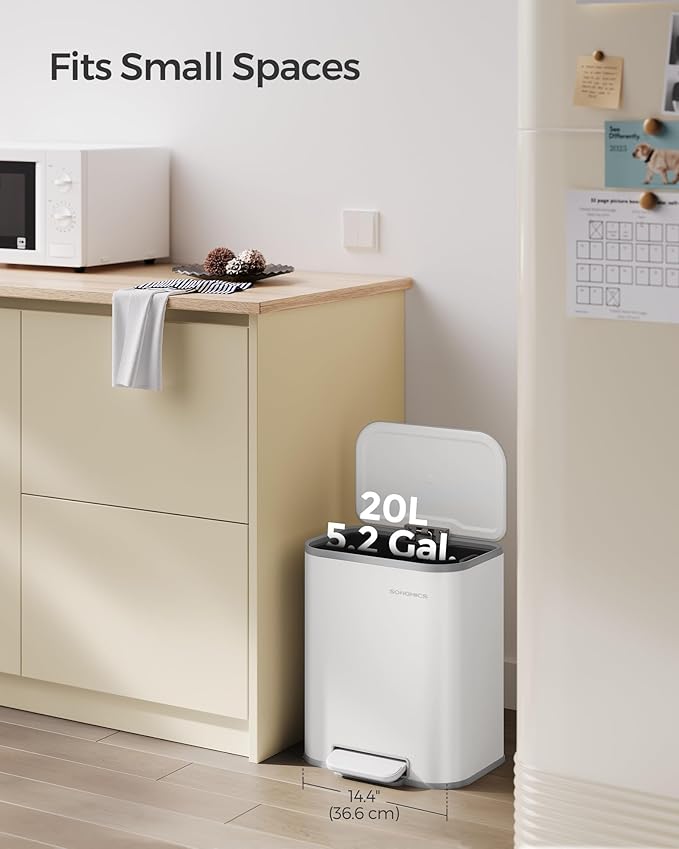 SONGMICS Kitchen Trash Can, 5.2-Gallon (20L) Garbage Can with Lid, Stainless Steel, Soft Close and Stays Open, Inner Bucket, Wide Non-Slip Pedal, Cloud White ULTB542W20