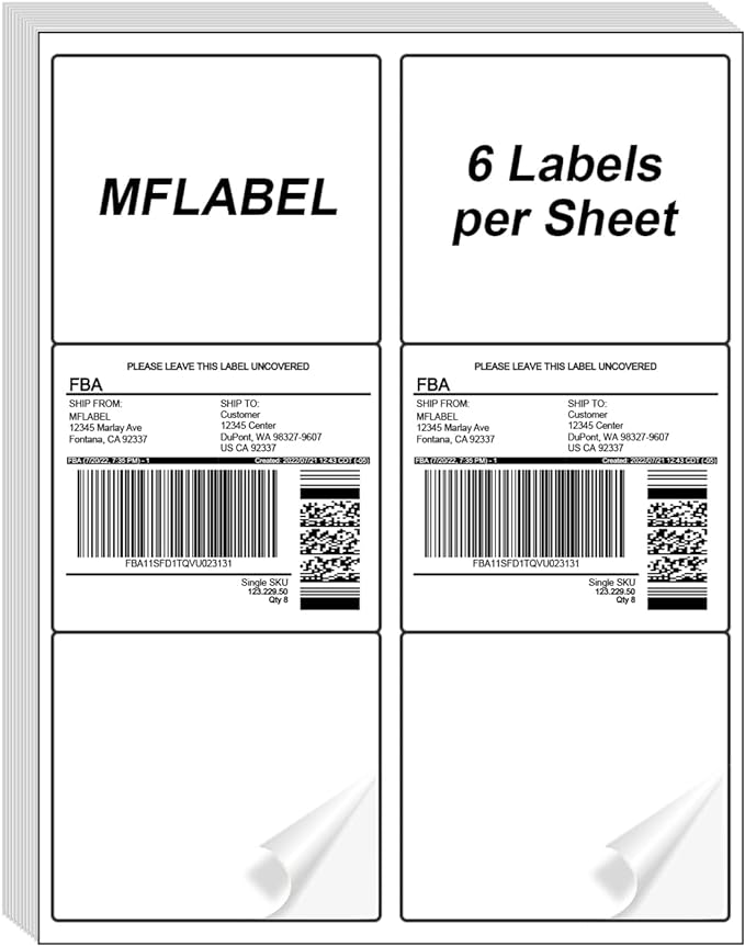 MFLABEL 3-1/3" x 4" FBA Shipping Labels - 6-UP on 8.5x11 Sheet, 100 Sheets (600 Labels) | Easy Peel & Pop-Out Design for Laser & Inkjet Printers | Address Labels for Amazon FBA, UPS, FedEx