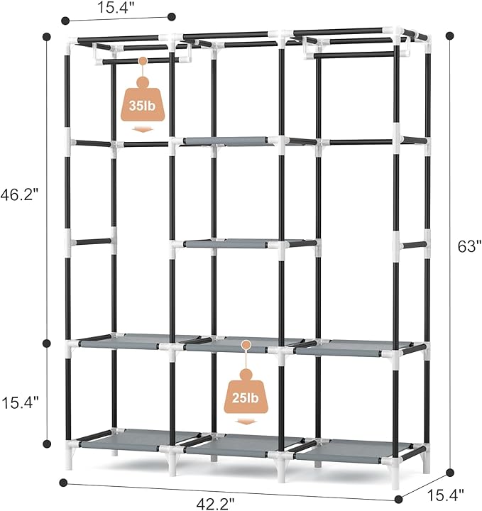 VTRIN Portable Closet Wardrobe for Hanging Clothes with 2 Hanging Rods and 8 Storage Organizer Shelves,Free Standing Clothes Rack with Cover Sturdy Large Wardrobe Closet for Bedroom,Printing