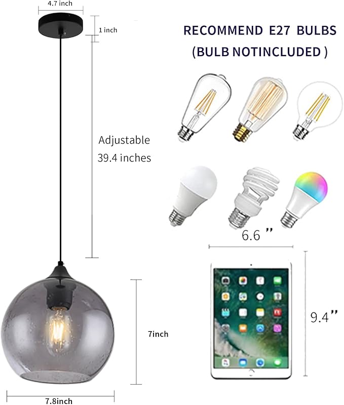 Gray Glass Pendant Lights Kitchen Island Lighting Globe Pendant Light Fixtures Modern Pendant Lighting for Kitchen Island Bedroom Living Dining Room Light Fixture-7.8in,2Pack