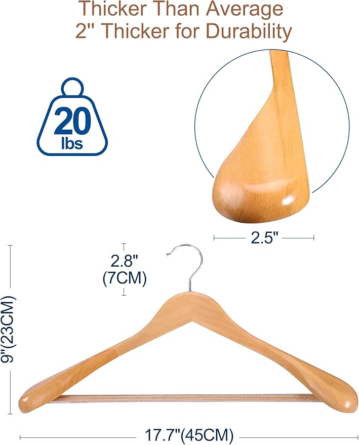 HOUSE DAY Wood Suit Hangers for Men, Smooth Wide Shoulder Wooden Hanger with Non Slip Pant Holder, Wide Hangers for Suits, Coats, Jackets, Heavy Wide Clothes Hanger 2 Pack, Natural