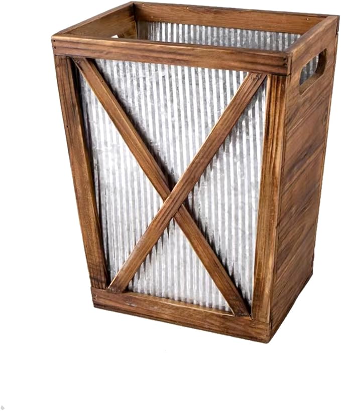 Small Wood Trash Can Wastebasket, Decorative Barn Door Garbage Can Waste Basket, Rustic Distressed Rectangular Trash Bin, Farmhouse Wooden Storage Basket Waste Paper Bin (Brown)