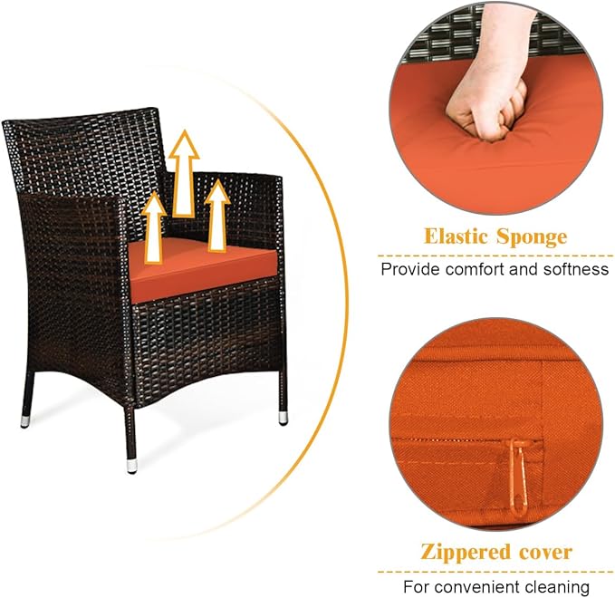 Tangkula 4 Pieces Patio Rattan Conversation Set, Outdoor Wicker Furniture with Tempered Glass Coffee Table & Thick Cushion, Rattan Chair Wicker Set for Garden, Lawn, Poolside and Backyard (1, Orange)