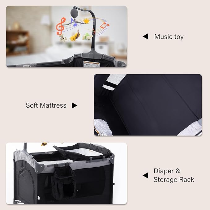 5 in 1 Baby Crib,Bedside Sleeper Bassinet,Pack and Play with Bassinet and Changing Table,Portable Travel Playpen Music Box,Portable Travel Crib for Infant Newborn (Black Gray)