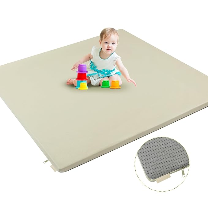 Padded Baby Play Mat, Super Soft Vegan Leather Baby Floor Play Mat, 48x48 Non-Slip Thick Foam Cushioned Play Mat for Babies 6-12 Months, Fits Nicely Into 50x50 Playpen Mat, Grayish Green
