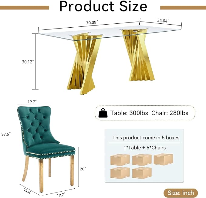 Goujxcy Modern 7 Piece Glass Dining Table Set Luxury Glass Kitchen Table and Chair Set for 6, 70" Large Rectangular Dining Room Table with 6 Tufted Chairs and Stainless Steel Legs (Gold & Green)
