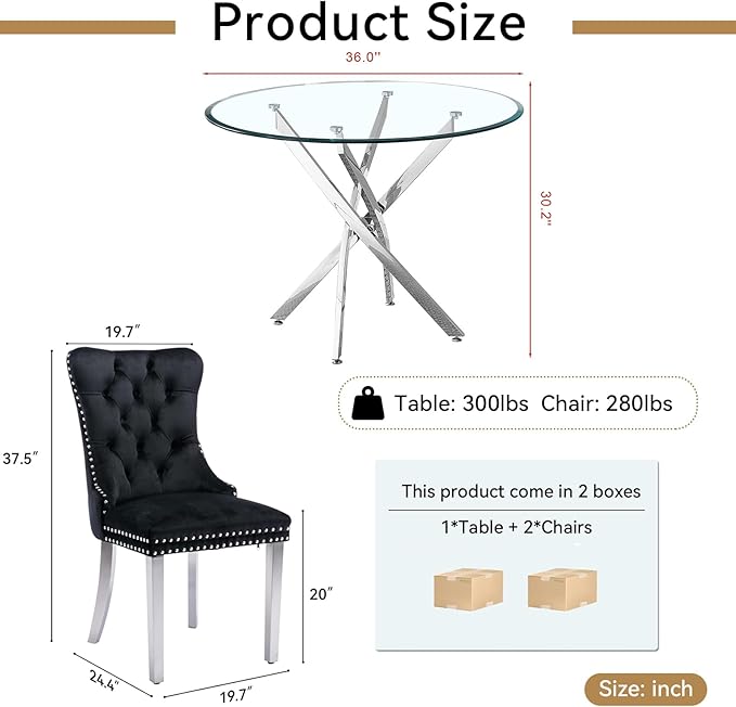 Goujxcy 3 Piece Round Glass Dining Table Set for 2, 36" Round Dining Table & Chair Set Modern Circle Glass Kitchen Table and 2 Velvet Upholstered Chairs for Kitchen Dining (Silver Table & Black Chair)