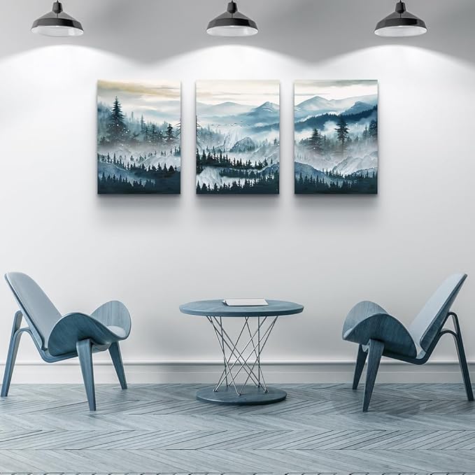 MHARTK66 Canvas Wall Art For Living Room Framed Wall Decor For Bedroom Office Decoration Fog Mountain Forest Posters Landscape Wall Painting Print Pictures Artworks Ready to Hang Home Decor 3 Piece