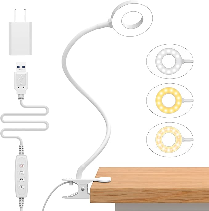 iZELL Reading Light, USB Clamp Lamp for Child Reading Book in Bed at Night, LED Small Desk Lamp with Adjustable Gooseneck Clip on Beside Table for Studying Working Drafting Sewing - 15.8‘’ White