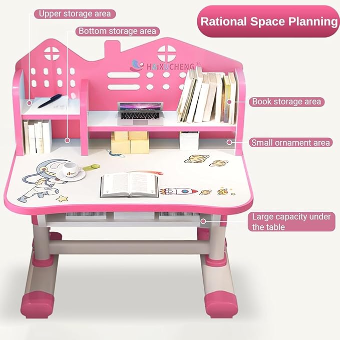 Kids Desk and Chair Set, Height Adjustable Kids Study Table and Chair Set, Children School Desk with Storage Drawer and Book Stand, Ergonomic Child Toddler Deskwith Sitting Posture Corrector (Pink 2)