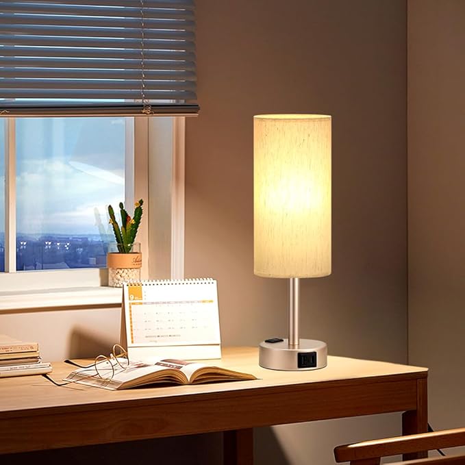 Bedside Table Lamp for Bedroom - 3 Way Dimmable Touch Lamp USB C Charging Ports and AC Outlet, Small Lamp Gold Base Round Flaxen Fabric Shade for Living Room, Desk, LED Bulb Included