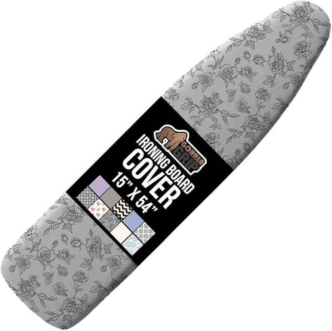 The Original GORILLA GRIP Ironing Board Cover and Pad, Silicone Coating, Thick Scorch Resistant Padding, Heavy Duty Iron Covers Standard Boards, Hook and Loop Fastener Strap, Gray Floral, 15x54