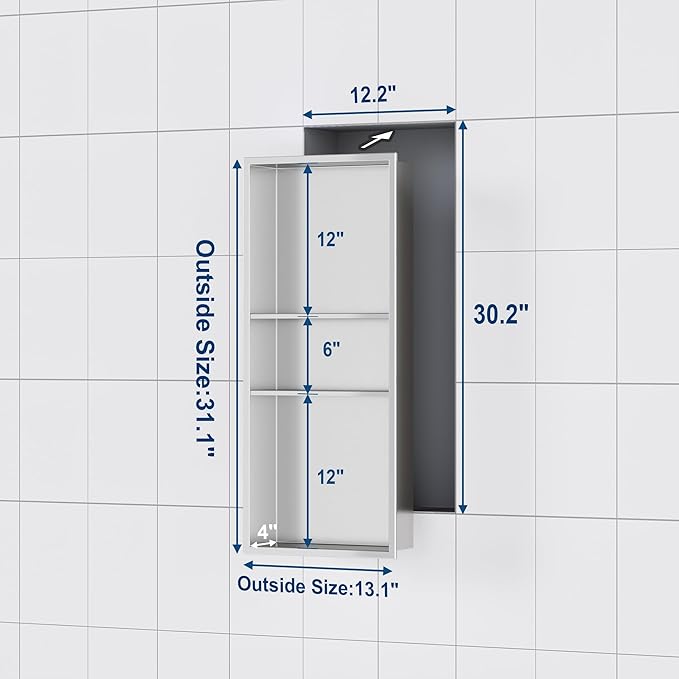 Stainless Steel Shower Niche 12" X 30", No Tile Needed Wall Niche Three-Tier Shower Niche, Recessed Shower Shelf for Bathroom Storage, Brushed Nickel