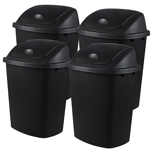 Begale 10 Gallon Plastic Swing Top Waste Container for Home Kitchen, Rectangular Trash Bin with Swing Lid, Black, Pack of 4