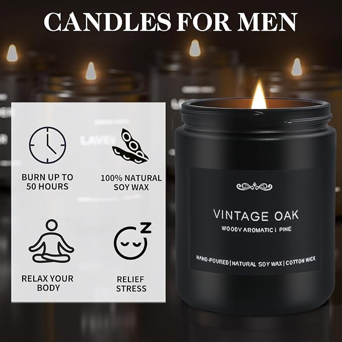 Scented Candles Gifts, Gift for Men, 4 Pack Candles Set, Soy Candle for Home Scented, Birthday Gifts Candle Set for Men Scents of Magnolia Sandalwood/Oak/Amber Patchouli/Leather