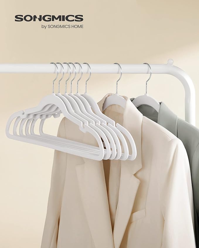 SONGMICS Velvet Hangers 50 Pack, Non-Slip Clothes Hangers, Suit Hangers with Shoulder Notches, Pants Bar, 360° Swivel Hook, Space-Saving, for Closet, Cloud White UCRF029W05