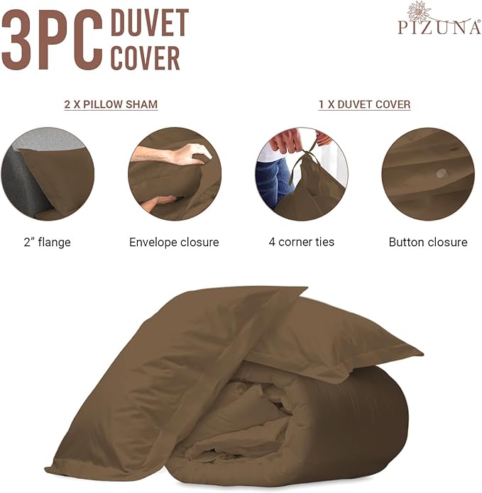 Pizuna Pure 100% Cotton Full Duvet Cover Set, Luxurious 400 Thread Count Long Staple Cotton Sateen Weave with Button Closure (Combed Woody Brown Cotton Duvet Cover Full)
