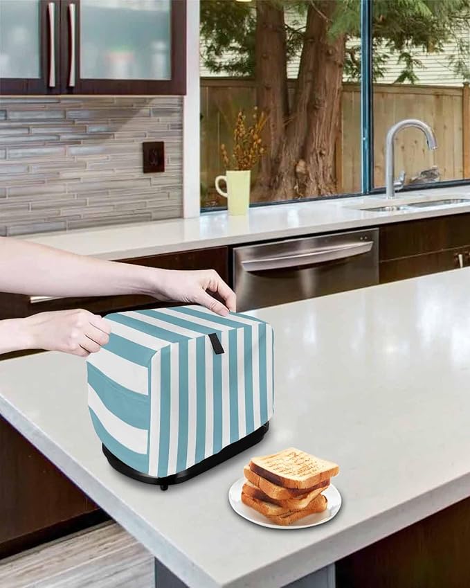 Toaster Cover 2 Slice Cyan Blue Stripes Toaster Oven Cover with Pockets Vertical Striped Dustproof Bakeware Protector Small Kitchen Appliance Dust Covers and Fingerprint Protection for Women