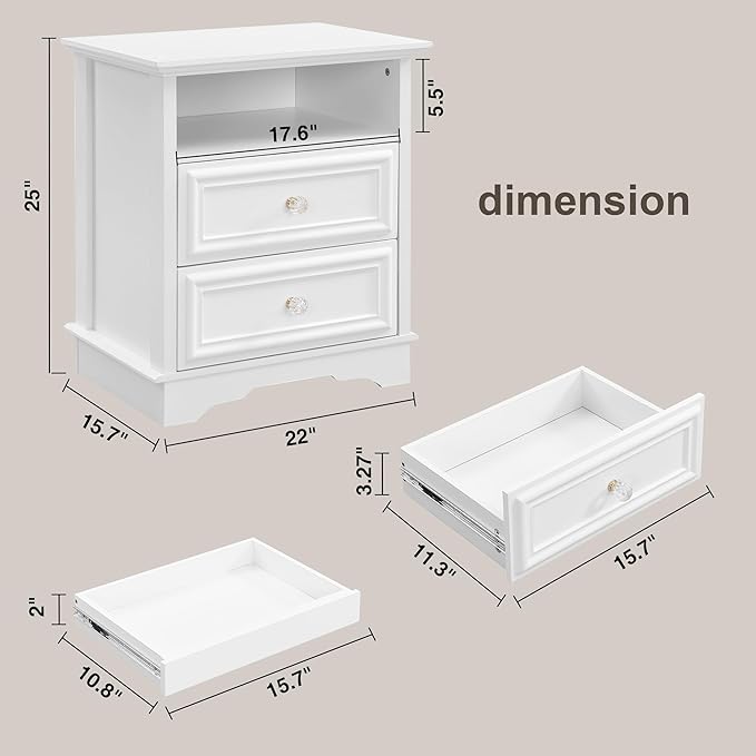 XIAO WEI Nightstand with Hidden Drawer Set of 2, 2-Drawer Nightstand with Open Shelf – Sturdy Wood Bedroom End Table for Storage, Modern Furniture for Bedroom Organization,White