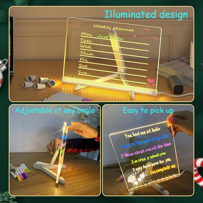 LED Note Board with Colors, Light Up Acrylic Message Board, Led Drawing Board, Illuminated Acrylic Notepad with Adjustable Stand and 7 Pens (5.9" × 5.9")
