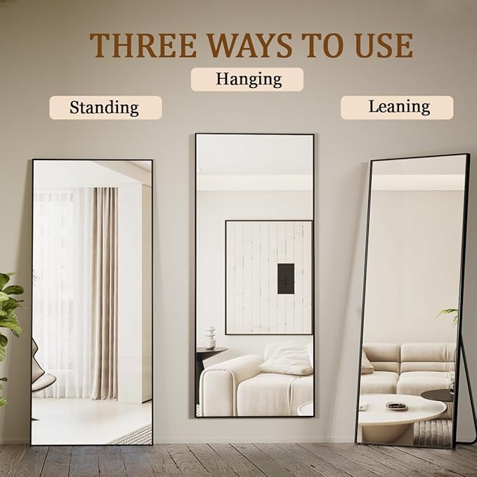 Koonmi Large Mirrors, 65"x24" Full Length Mirror with Stand, Full Body Mirror with Aluminum Alloy Frame, Hanging or Leaning Against Wall Floor Standing Mirrors for Bedroom Living Room, Black