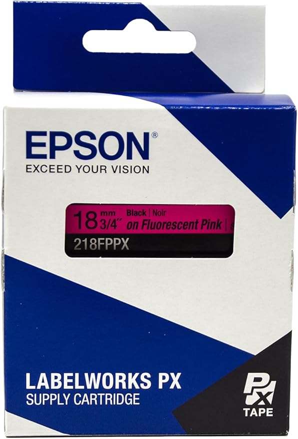 Epson LABELWORKS 218FPPX Genuine PET (Polyester) Tape Cartridge - Black on Fluorescent Pink Label Maker Tape - 3/4" (18MM) Wide, 30'