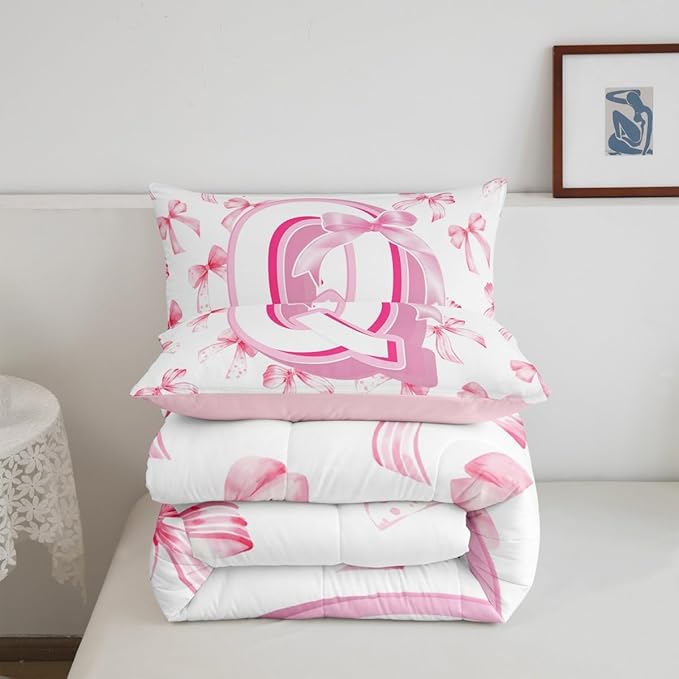 jejeloiu Kids Girls Cute Pink Bow Comforter Set Toddler Size Monogrammed Bedding Set Ultra Soft Personalized Initial Duvet Quilt Coquette Bow Knot Quilt Set Room Decor Modern Fashion Comforter