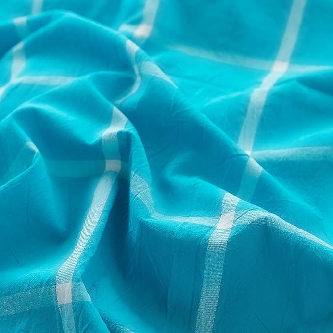 FACE TWO FACE Bedding Duvet Cover Set100% Washed Cotton Duvet Cover Linen Like Textured Breathable Durable Soft Comfy (Full, Turquoise Grid)