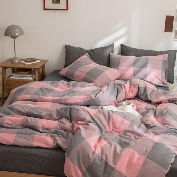 FACE TWO FACE Bedding Duvet Cover Set100% Washed Cotton Duvet Cover Linen Like Textured Breathable Durable Soft Comfy (California King, Grey Powder Grid)