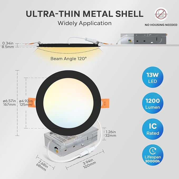 LVWIT 12 Pack 6 Inch LED Recessed Ceiling Light with Junction Box, 13W 5CCT Ultra-Thin Dimmable Can Lights, High Brightness, Canless Wafer Downlight for Kitchen Hallway Dining Room, ETL&FCC