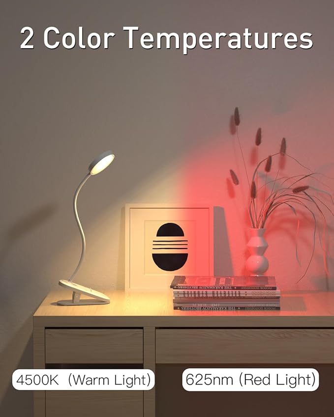 Diomart Reading Lights for Books in Bed, LED Desk Lamp with Clamp, Clip on LED Night Light with Timer & Dimmable, Rechargeable Eye Care Red Night Light for Desk, Studying, Kids, Headboard