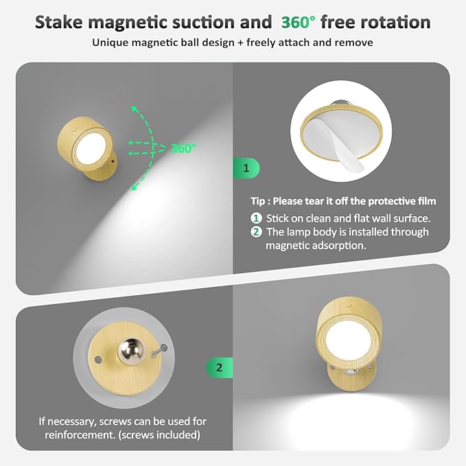 Lightbiz LED Wall Sconces, Wall Mounted Lamp 3 Pcs with Remote Rechargeable Battery Operated, 3 Color Temperatures & Dimmable Wall Lights Magnetic 360° Rotation Wireless Light