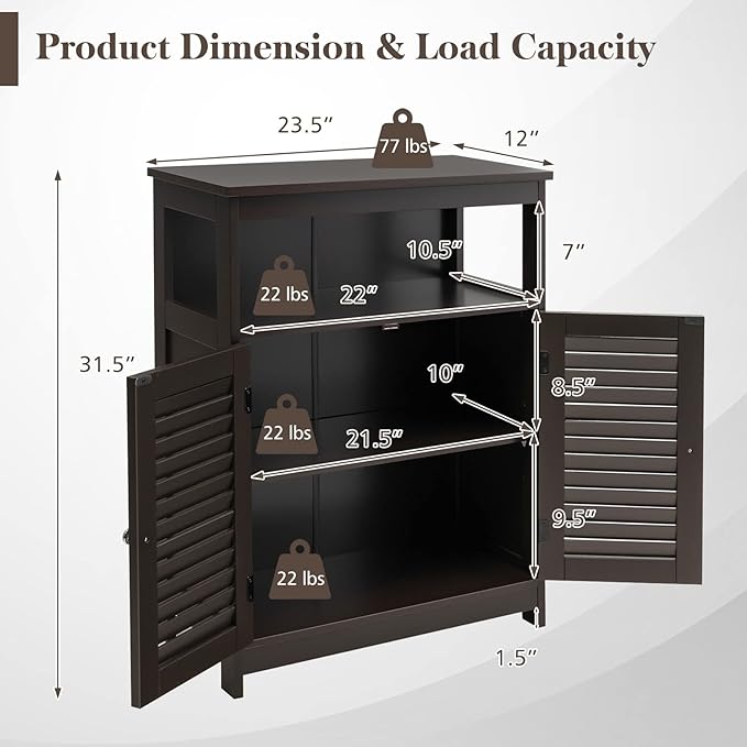 GLACER Bathroom Floor Cabinet, Wooden Storage Cabinet with Double Shutter Doors & 3-Position Adjustable Shelf, Side Storage Organizer, 23.5 x 12 x 31.5 inches (Espresso)