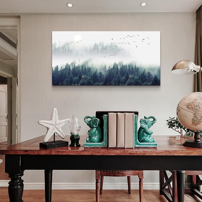 Landscape painting wall decor Canvas Wall Art for Living Room - Misty Forests of Evergreen Coniferous Trees in an Ethereal Landscape - Modern Home Decor Framed Ready to Hang bedroom decoration