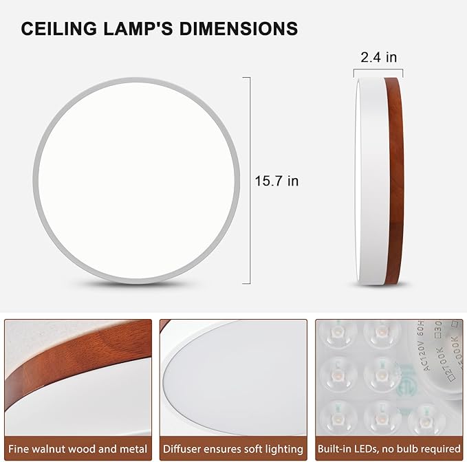 LED Dimmable Flush Mount Ceiling Light Fixture, White and Wood, 5CCT in One, Minimalist Round Ceiling Lamp, Modern Lighting for Kitchen, Bedroom, Hallway, Living Room, 15.7 Inch