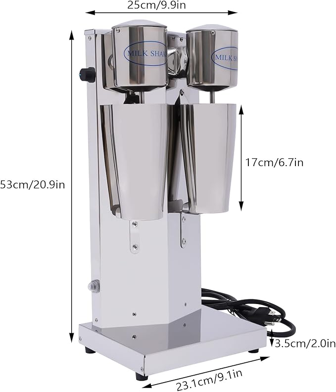 Milk Shaker Machine Double Head, 110V Commercial Stainless Steel Milk Shaking Machine, Electric Milkshake Maker with 2Pcs 800ml Cups, Speed Adjustable